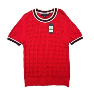 Tommy Hilfiger Red Cable Knit Sweater Top Short Sleeve Size L NWT